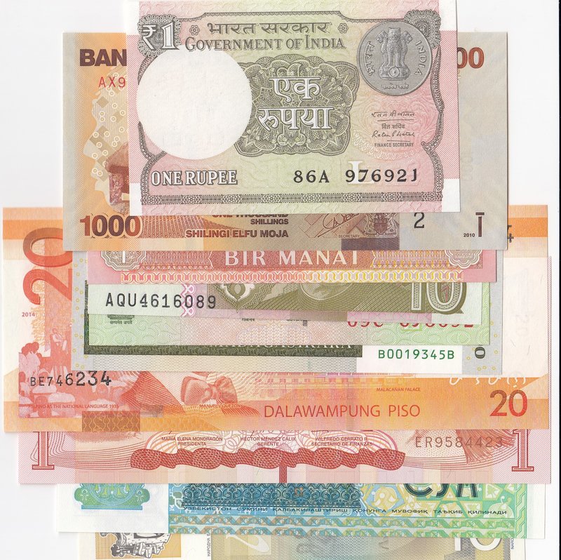 MIX LOT, Turkmenistan 1 Manat, Uganda 1000 Shillings, Uzbekistan 200 Sum, Madaga...