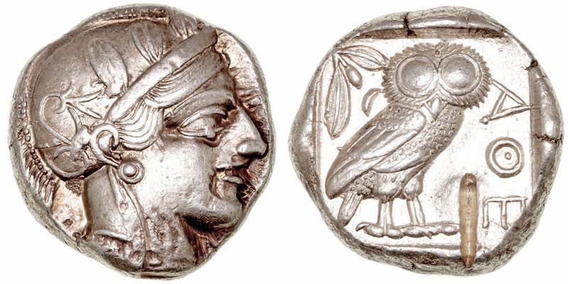 Atenas. Tetradracma. AR. (circa 454-404 a.C.). A/Cabeza con casco de Atenea a de...