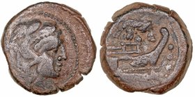 Anónimo. Cuadrante. AE. Roma. (169-158 a.C.). A/Cabeza de Hércules con piel de león a der., detrás (tres puntos). R/Proa de nave a der., encima Loba a...