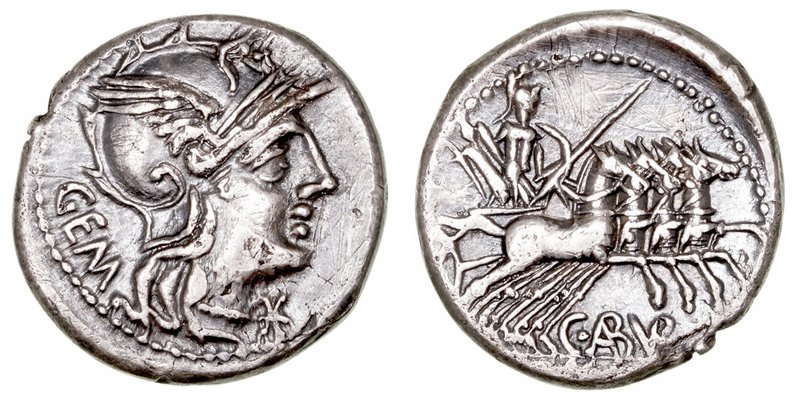 Aburia. Denario. AR. Roma. (134 a.C.). A/Cabeza de Roma a der., delante X y detr...