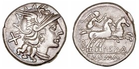 Cornelia. Denario. AR. Roma. (151 a.C.). A/Cabeza de Roma a der., detrás X. R/Victoria con látigo en biga a der., debajo P · SVLA y en exergo ROMA. 3....