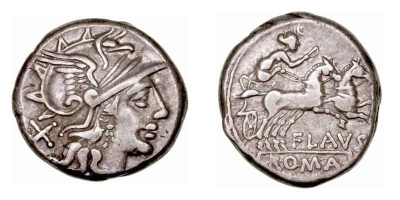 Decimia. Denario. AR. Roma. (150 a.C.). A/Cabeza de Roma a der., detrás X. R/ Di...