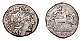 Decimia. Denario. AR. Roma. (150 a.C.). A/Cabeza de Roma a der., detrás X. R/ Diana con látigo en biga a der., debajo FLAVS. 4.12g. FFC.673. MBC.