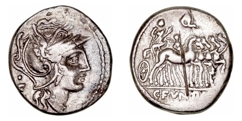 Fundania. Denario. AR. Roma. (101 a.C.). A/Cabeza de Roma a der., detrás letra C...