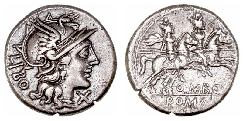 Marcia. Denario. AR. Roma. (148 a.C.). A/Cabeza de Roma a der., delante X y detr...