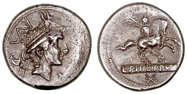 Marcia. Denario. AR. (113-112 a.C.). A/Cabeza de Filipo V de Macedonia a der. en...