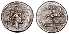 Marcia. Denario. AR. (113-112 a.C.). A/Cabeza de Filipo V de Macedonia a der. entre monograma de ROMA y (F). R/Estatua ecuestre, debajo flor, L· PHILI...