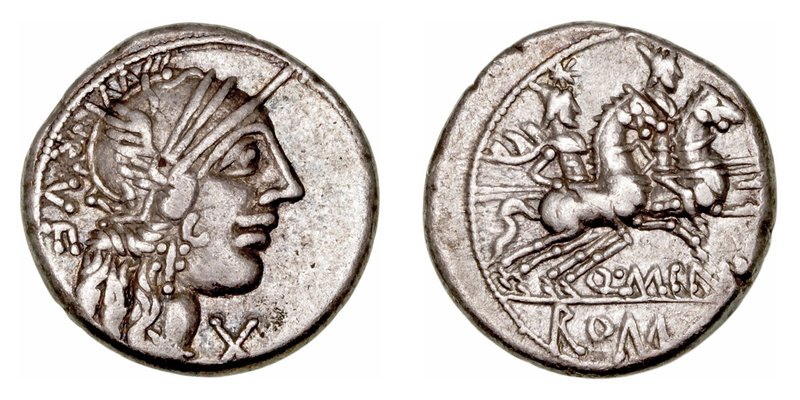 Minucia. Denario. AR. Roma. (122 a.C.). A/Cabeza de Roma a der., delante X y det...