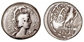 Plaetoria. Denario. AR. Roma. (67 a.C.). A/Cabeza con casco de la diosa Vacuna a der., delante cuerno de la abundancia, detrás arco y carcaj, a los la...