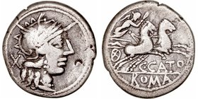 Porcia. Denario. AR. Roma. (123 a.C.). A/Cabeza de Roma a der., detrás X. R/Victoria con látigo en biga a der., debajo C·CATO, en exergo ROMA. 3.70g. ...