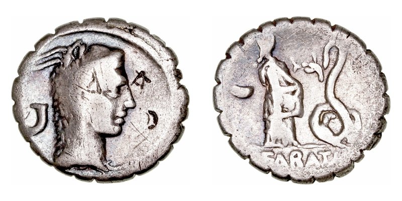 Roscia. Denario. AR. (64 a.C.). A/Cabeza de Juno Sospita a der., detrás símbolo....