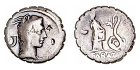 Roscia. Denario. AR. (64 a.C.). A/Cabeza de Juno Sospita a der., detrás símbolo. R/Sacerdotisa a der., delante serpiente y símbolo a izq., en exergo F...