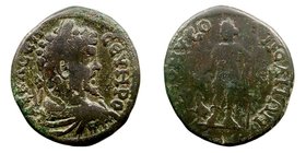 Septimio Severo. AE-25. Moesia Inferior, Dionysopolis. (193-211). R/Dionysos estante a la izq., portando lanza y a sus pies una pantera.. 13.97g. GIC....