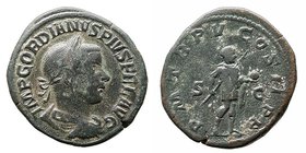 Gordiano III. Sestercio. AE. (238-244). R/P.M. TR. P. V COS. II P.P. S.C. Gordiano estante a la der., portando lanza y globo. 25.94g. RIC.306B. Bonita...