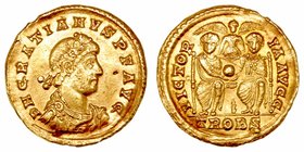 Graciano. Sólido. AV. Treveri. (375-378). A/ Cabeza diademada, drapeada y con coraza a der., alrededor D. N. GRATIANVS P. F. AVG. R/ Dos emperadores s...