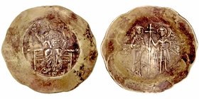 Juan II Commenus. Aspron Trachy. Electrón. Constantinopla. (1118-1143). A/Cristo de frente entronizado, sosteniendo Evangelios y con la mano der. leva...