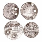 Califato de Córdoba. Dírhem. AR. Lote de 4 monedas. Abd al Rahman III y Al Hakem II (fechas no visibles). Todas con dos agujeritos. BC- a RC.
