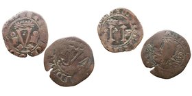Juana y Carlos. 4 Maravedís. AE. Santo Domingo. s/f. Lote de 2 monedas. Cal.208 y 211. Escasas. BC+ a BC-.