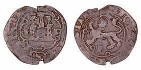 Carlos I. 4 Maravedís. AE. Santo Domingo. s/f. Con S-P en anv. y F bajo el león. 3.81g. Cal.73. BC.
