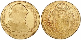 Carlos III. 2 Escudos. AV. Popayán SF. 1780. 6.69g. Cal.510. Escasa. BC+.