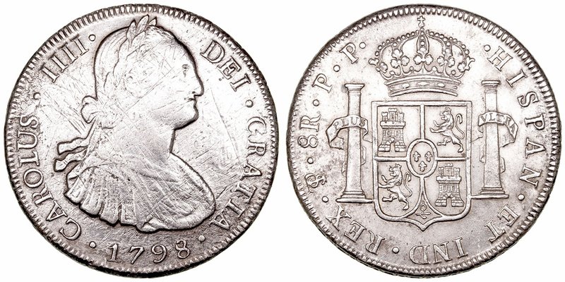 Carlos IV. 8 Reales. AR. Potosí PP. 1798. 26.96g. Cal.721. Múltiples rayas en an...