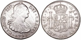 Carlos IV. 8 Reales. AR. Potosí PP. 1798. 26.96g. Cal.721. Múltiples rayas en anverso. BC-/MBC+.