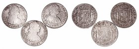 Carlos IV. 8 Reales. AR. Lote de 3 monedas. 1794 Lima y 1792 y 1803 Méjico. Concreciones limpiadas y golpes (1803 Méjico). BC- a RC.