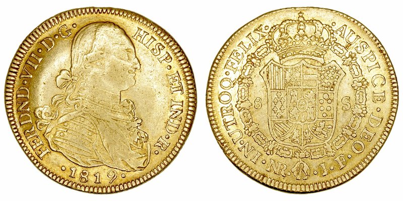 Fernando VII. 8 Escudos. AV. Nuevo Reino JF. 1819. Busto de Carlos IV. 27.12g. C...