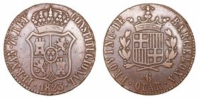 Fernando VII. 6 Quartos. AE. Barcelona. 1823. 13.79g. Cal.1526. Escasa así. MBC.