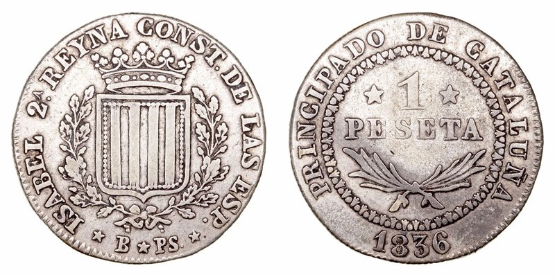 Isabel II. Peseta. AR. Barcelona PS. 1836. Canto estriado. 5.72g. Cal.257. Escas...