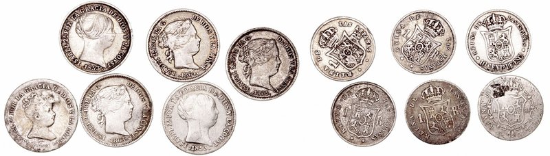 Isabel II. Real. AR. Lote de 6 monedas. 1849, 1853 (2), 1863, 1864 y 1865 (10 Cé...