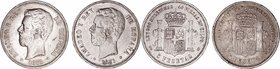 Amadeo I. 5 Pesetas. AR. Lote de 2 monedas. 1871 *71 y *75. Rayitas. BC+.