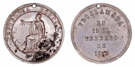 I República. Medalla. AE. 1873. República Española, Proclamada en 11 de Febrero 1873. Grabador García, debajo figura de un gallo. 8.32g. 30.00mm. Vive...
