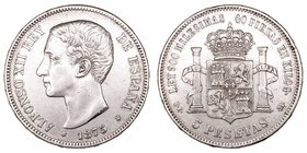 Alfonso XII. 5 Pesetas. AR. 1875 *18-75 DEM. 24.78g. Cal.25a. MBC.