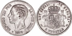 Alfonso XII. 5 Pesetas. AR. 1879 EMM. 24.68g. Cal.31. Estrellas no visibles. Escasa. BC.