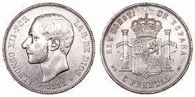 Alfonso XII. 5 Pesetas. AR. 1885 *18-87 MSM. 25.00g. Cal.42. Limpiada. MBC.