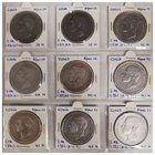 Alfonso XII. 5 Pesetas. AR. Lote de 9 monedas. 1876, 1877, 1878 DEM y EMM, 1879, 1884 (2), 1885 (2). MBC- a BC-.