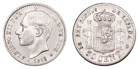 Alfonso XII. 50 Céntimos. AR. 1885 *8-6 MSM. 2.47g. Cal.65. MBC+.