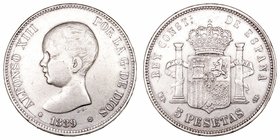 Alfonso XIII. 5 Pesetas. AR. 1889 *18-89 MPM. 24.90g. Cal.14. MBC.