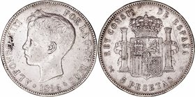Alfonso XIII. 5 Pesetas. AR. 1896 *18-96 PGV. 24.85g. Cal.25. Rayitas. BC.