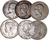 Alfonso XIII. 5 Pesetas. AR. Lote de 6 monedas. 1889, 1890 MPM, 1890 PGM, 1891, 1891 (falso de época) y 1898. MBC a BC.