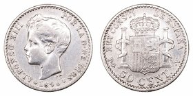 Alfonso XIII. 50 Céntimos. AR. 1896 *9-6 PGV. 2.52g. Cal.59. MBC-.