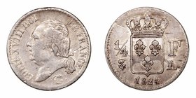 Francia	Luis XVIII. 1/4 Franco. AR. Bayona. 1824 L. 1.19g. G.352. Muy escasa. MBC-/MBC.