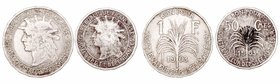 Guadalupe. Ni. Lote de 2 monedas. 50 Céntimos y Franco 1903. MBC- a BC-.