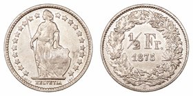Suiza. 1/2 Franc. AR. 1875 B. 2.45g. KM.23. Muy escasa así. EBC-.