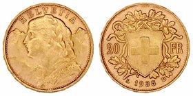 Suiza. 20 Francos. AV. 1935 L-B. 6.45g. KM.35,1. EBC-.