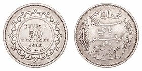 Túnez. 50 Céntimos. AR. 1916 A. 2.48g. KM.237. MBC.