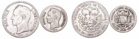 Venezuela. AR. Lote de 2 monedas. 2 Bolívares 1919 y 5 Bolívares 1910. BC+ a RC.