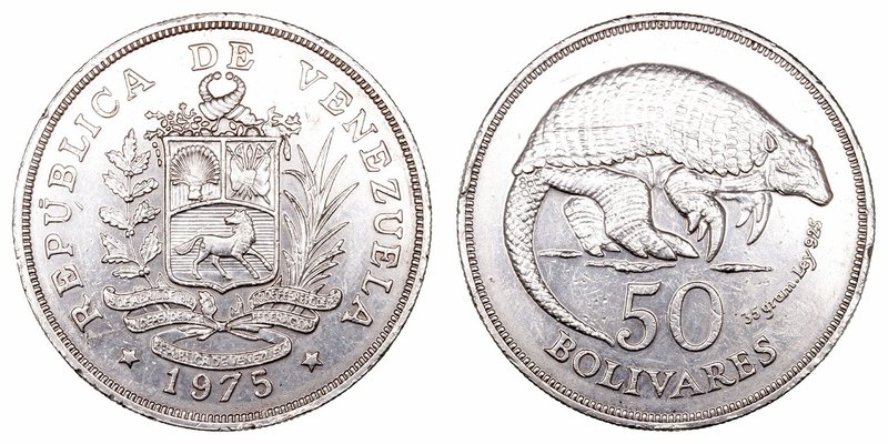 Venezuela. 50 Bolívares. AR. 1975. Armadillo. 35.43g. Y.47. Golpecitos en canto....