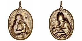 Religiosas. Medalla. AE. (Siglo XVII). Santiago y San Ambrosio. 40.00mm. Ovalada y con anilla. Escasa. MBC.